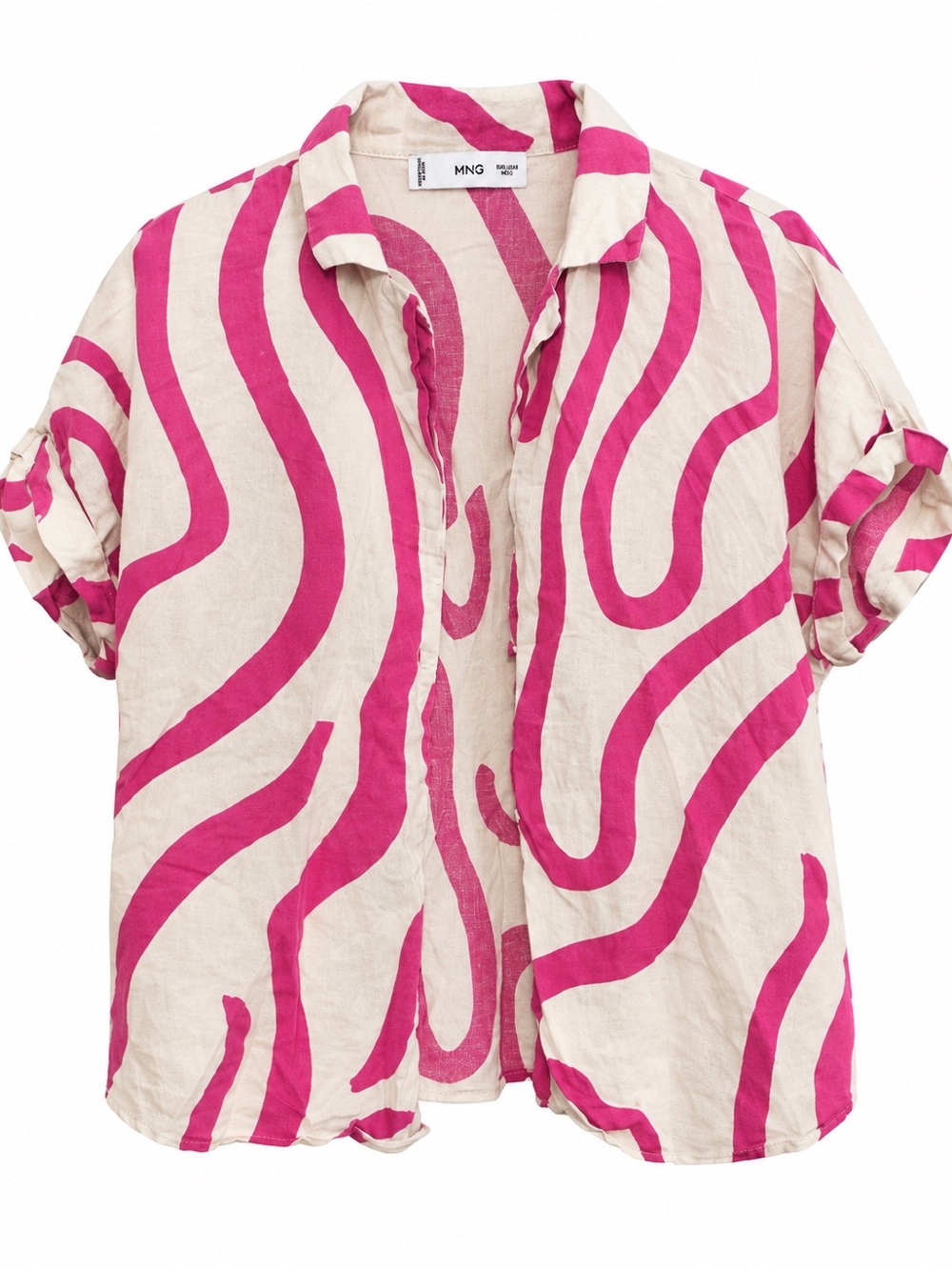 MNG Mango Size 8 Cream Hot Pink Abstract Swirl Short Sleeve Blouse